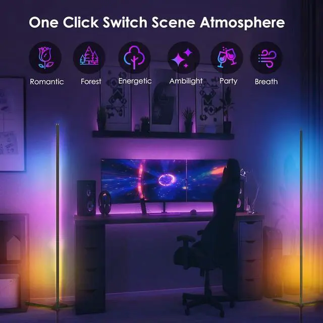 Alt view image 5 of 6 - RGB Corner Floor Lamp, Easter Floor Lamp RGBIC Color Changing Corner Lamp LED Modern Floor Lights with Bluetooth APP and Remote Control Music Sync, 65" RGB Mood Lighting 24H Timing 398+ DIY Modes