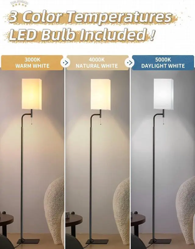 Alt view image 2 of 6 - Floor Lamps for Living Room, 3 Color Temperatures Tall Lamp, Modern Standing Lamp for Bedroom, Square Linen Shade, Minimalist Pole Lamp for Office Kids Room Working Reading