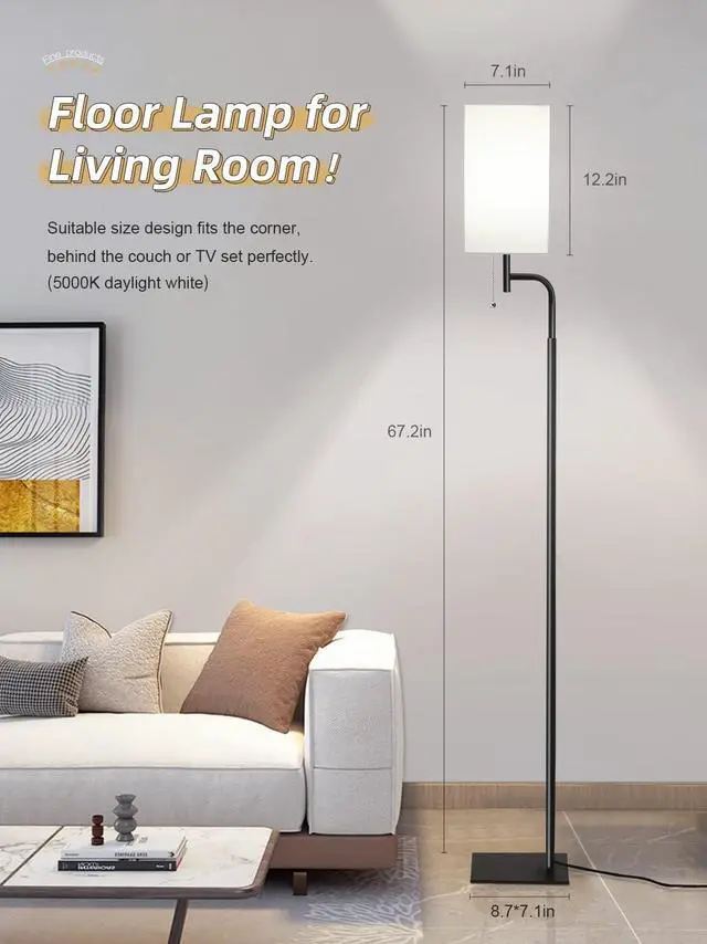 Alt view image 4 of 6 - Floor Lamps for Living Room, 3 Color Temperatures Tall Lamp, Modern Standing Lamp for Bedroom, Square Linen Shade, Minimalist Pole Lamp for Office Kids Room Working Reading
