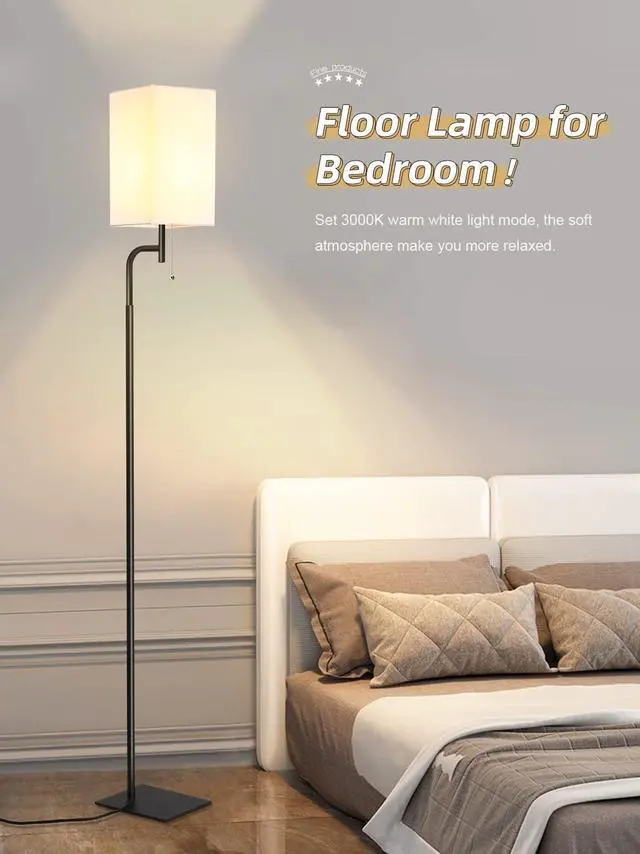 Alt view image 6 of 6 - Floor Lamps for Living Room, 3 Color Temperatures Tall Lamp, Modern Standing Lamp for Bedroom, Square Linen Shade, Minimalist Pole Lamp for Office Kids Room Working Reading