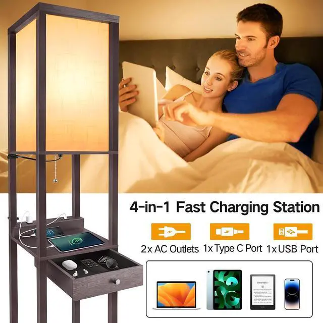 Alt view image 2 of 7 - OUTON Deluxe Shelf Floor Lamp with 1 Drawer, 2 USB-C Ports, 2 AC Outlets, LED Modern Floor Lamp with 3 Color Temperature, Storage Display Wood Standing Lamp for Living Room, Bedroom, Office (Walnut)