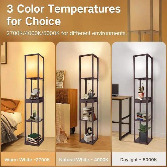 Alt view image 3 of 7 - OUTON Deluxe Shelf Floor Lamp with 1 Drawer, 2 USB-C Ports, 2 AC Outlets, LED Modern Floor Lamp with 3 Color Temperature, Storage Display Wood Standing Lamp for Living Room, Bedroom, Office (Walnut)
