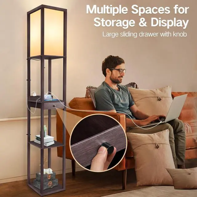Alt view image 4 of 7 - OUTON Deluxe Shelf Floor Lamp with 1 Drawer, 2 USB-C Ports, 2 AC Outlets, LED Modern Floor Lamp with 3 Color Temperature, Storage Display Wood Standing Lamp for Living Room, Bedroom, Office (Walnut)