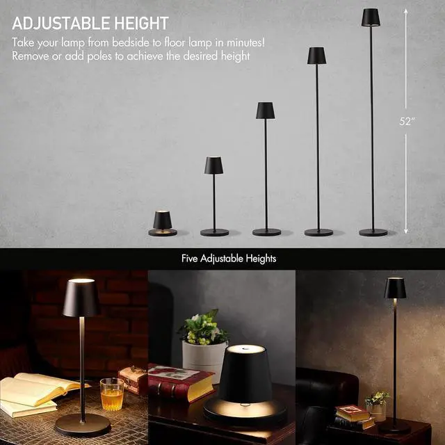 Alt view image 2 of 7 - OBright Sandy- Cordless LED Floor Lamp for Outdoor/Indoor, Rechargeable, Water Resistant, Dimmable, Carry Light, Adjustable Height Stand Lamp for Patio, Living Room, Bedside, Table Night Lamp, Black