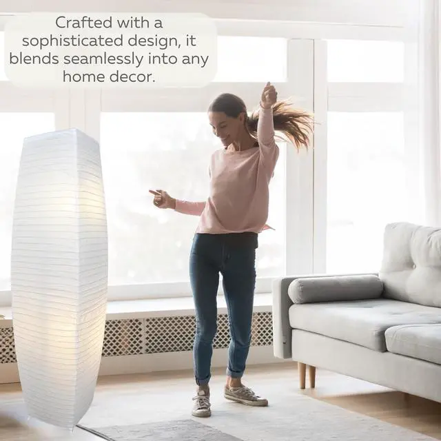 Alt view image 5 of 7 - LIGHTACCENTS Japanese Style Rice Paper Floor Lamp - 50 Inches Tall Living Room Paper Lamp with White Paper Shade and Chrome Base, On/Off Foot Switch - Ideal as Paper Floor Lamps for Living Room