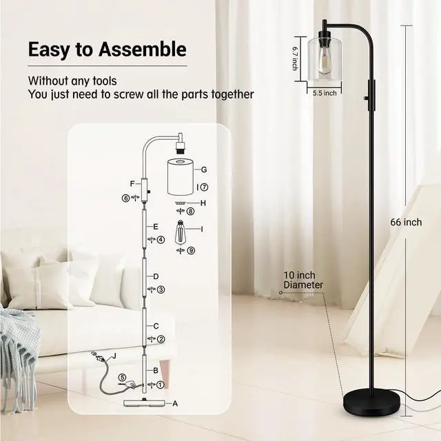 Alt view image 4 of 7 - BoostArea Dimmable Floor Lamp, Standing Lamp with Glass Lampshade, 6W LED Bulb Included, Modern Floor Lamp, Industrial Floor Lamp, Bright LED Floor Lamp for Living Room and Bedroom, Office