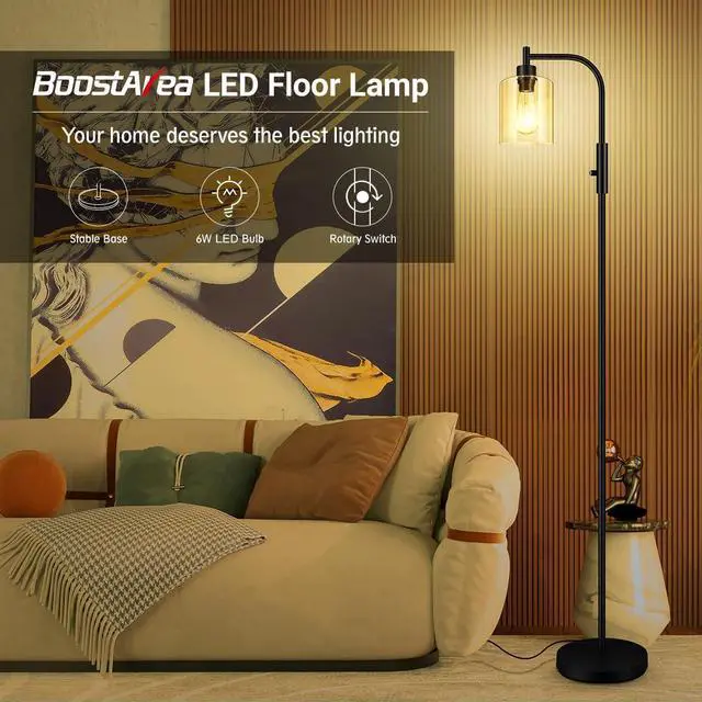 Alt view image 3 of 7 - BoostArea Dimmable Floor Lamp, Standing Lamp with Glass Lampshade, 6W LED Bulb Included, Modern Floor Lamp, Industrial Floor Lamp, Bright LED Floor Lamp for Living Room and Bedroom, Office