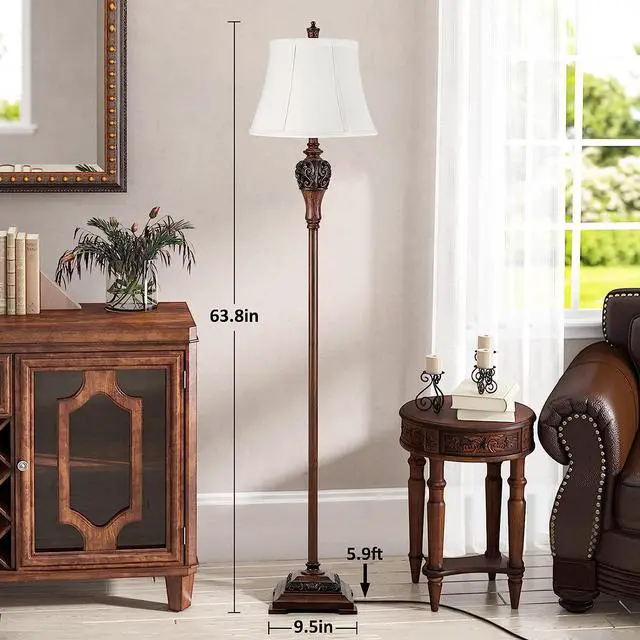 Alt view image 2 of 6 - Vintage Floor Lamp for Living Room, Traditional Farmhouse Tall Standing Lamp, Mid-Century Antique Pole Lamp for Bedroom Reading with White Fabric Shade, Rustic Bright Lighting Home Decor