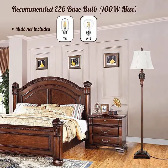 Alt view image 5 of 6 - Vintage Floor Lamp for Living Room, Traditional Farmhouse Tall Standing Lamp, Mid-Century Antique Pole Lamp for Bedroom Reading with White Fabric Shade, Rustic Bright Lighting Home Decor