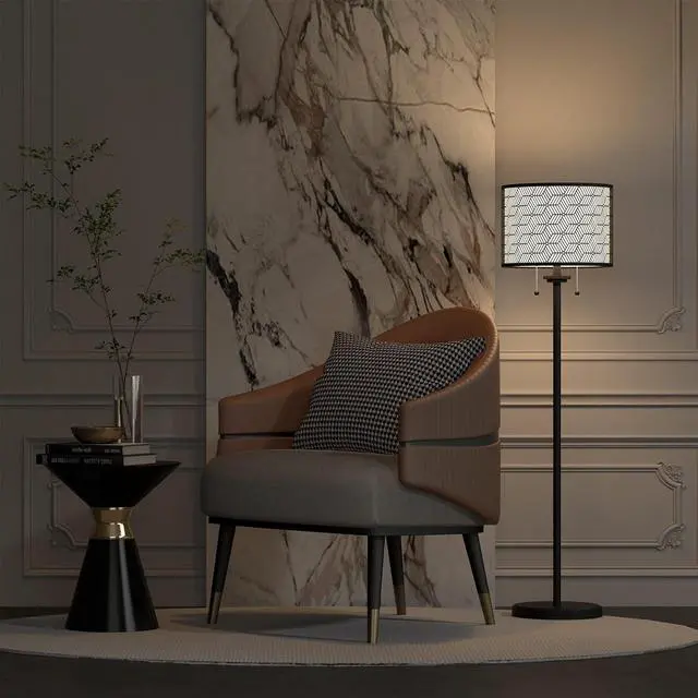 Alt view image 7 of 7 - Inlight 59" High Double Shade Pull Chain Modern Floor Lamp for Living Room, Black Metal Frame and White Fabric Shade, Bulb Not Included, IN-0857-2-BK