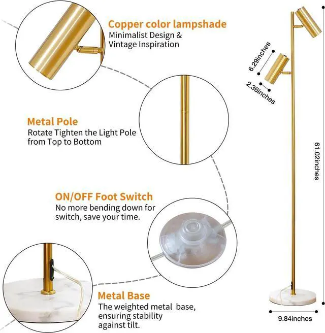 Alt view image 7 of 7 - Hsyile Lighting KU300211 Cozy Elegant Modern Creative Bedroom & Living Room Floor Lamp,Tall Pole Uplight for Office - Brass Finish - Adjustable Tree Floor Lamp with 2 Lights