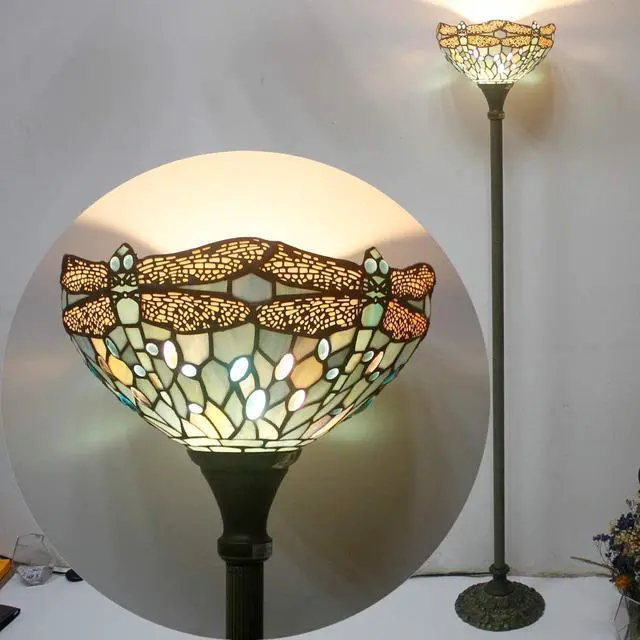Alt view image 7 of 7 - WERFACTORY Tiffany Floor Lamp Sea Blue Stained Glass Dragonfly Light 12X12X66 Inches Pole Torchiere Standing Corner Torch Uplight Decor Bedroom Living Room Home Office S147 Series