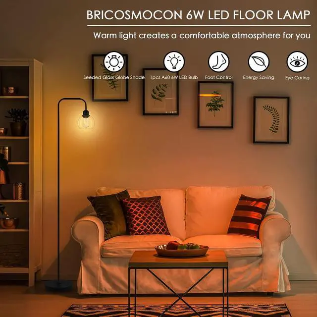 Alt view image 2 of 7 - Modern Floor Lamp for Living Room with 6W LED Bulb, Industrial Floor Lamp, Seeded Glass, Black Classic Reading Tall Lamp for Home Office, Standing Lamps for Bedroom, Minimalist, Vintage, Farmhouse