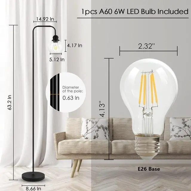 Alt view image 3 of 7 - Modern Floor Lamp for Living Room with 6W LED Bulb, Industrial Floor Lamp, Seeded Glass, Black Classic Reading Tall Lamp for Home Office, Standing Lamps for Bedroom, Minimalist, Vintage, Farmhouse