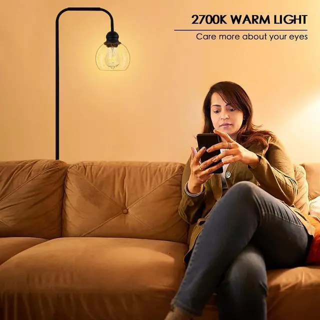 Alt view image 4 of 7 - Modern Floor Lamp for Living Room with 6W LED Bulb, Industrial Floor Lamp, Seeded Glass, Black Classic Reading Tall Lamp for Home Office, Standing Lamps for Bedroom, Minimalist, Vintage, Farmhouse