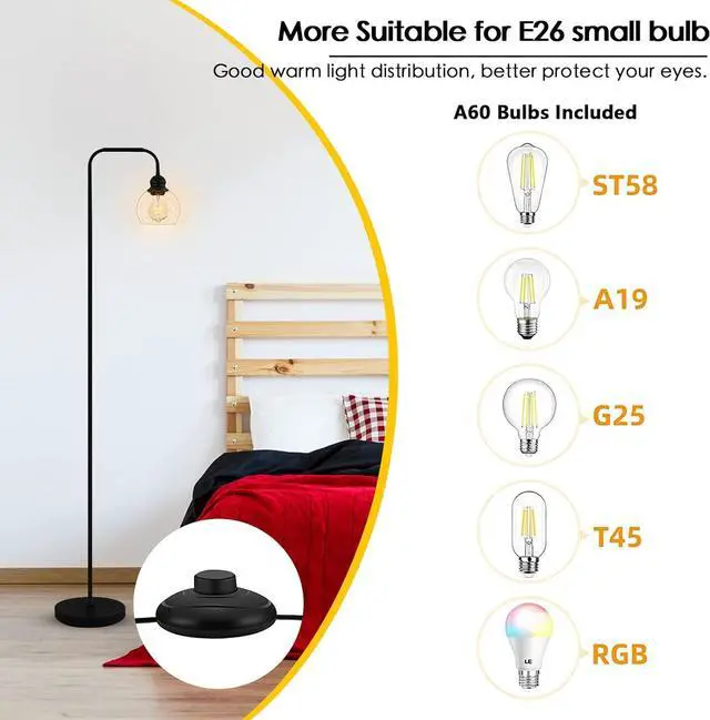 Alt view image 6 of 7 - Modern Floor Lamp for Living Room with 6W LED Bulb, Industrial Floor Lamp, Seeded Glass, Black Classic Reading Tall Lamp for Home Office, Standing Lamps for Bedroom, Minimalist, Vintage, Farmhouse