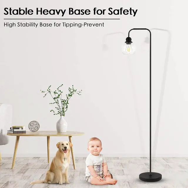 Alt view image 7 of 7 - Modern Floor Lamp for Living Room with 6W LED Bulb, Industrial Floor Lamp, Seeded Glass, Black Classic Reading Tall Lamp for Home Office, Standing Lamps for Bedroom, Minimalist, Vintage, Farmhouse