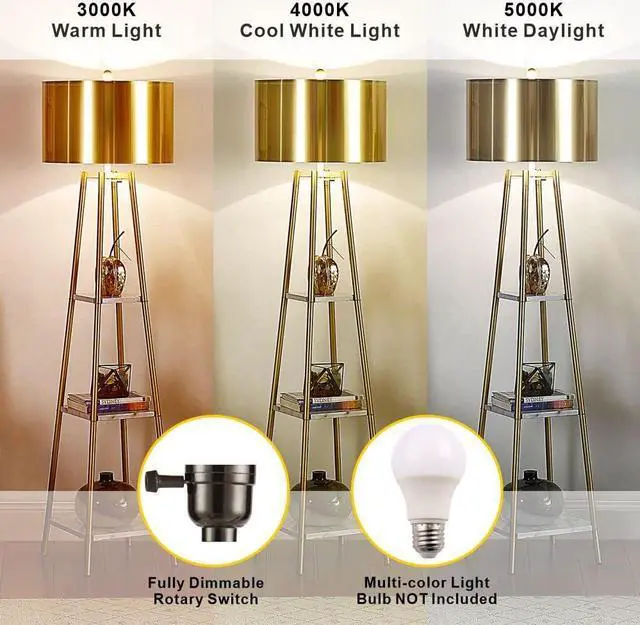 Alt view image 4 of 6 - Floor Lamp, Standing Reading Light with Shelves and Gold Shade, Modern Tall Pole Lamp, Accent Furniture Décor Lighting for Living Room, Bedrooms