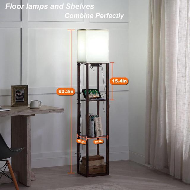 Alt view image 2 of 5 - Floor Lamp with Shelves, Shelf Floor Lamps for Living Room with 2 USB Charging Ports and Power Outlet, 3CCT Modern Corner Square Display Standing Lamp 4-Tier Tall Bookshelf Lamp for Bedroom