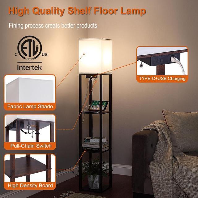 Alt view image 5 of 5 - Floor Lamp with Shelves, Shelf Floor Lamps for Living Room with 2 USB Charging Ports and Power Outlet, 3CCT Modern Corner Square Display Standing Lamp 4-Tier Tall Bookshelf Lamp for Bedroom