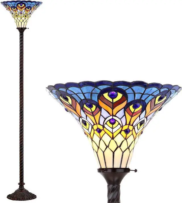 Main image of JONATHAN Y JYL8006A Peacock Tiffany-Style 70" Torchiere LED Floor Lamp, Tiffany, Traditional, Art Nouveau Style, Office, Bedroom, Living Room, Family Room, Dining Room, Hallway, Foyer, Bronze