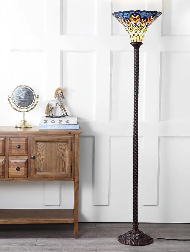 Alt view image 2 of 7 - JONATHAN Y JYL8006A Peacock Tiffany-Style 70" Torchiere LED Floor Lamp, Tiffany, Traditional, Art Nouveau Style, Office, Bedroom, Living Room, Family Room, Dining Room, Hallway, Foyer, Bronze