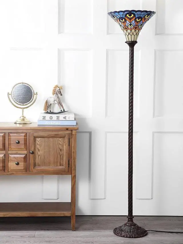 Alt view image 3 of 7 - JONATHAN Y JYL8006A Peacock Tiffany-Style 70" Torchiere LED Floor Lamp, Tiffany, Traditional, Art Nouveau Style, Office, Bedroom, Living Room, Family Room, Dining Room, Hallway, Foyer, Bronze