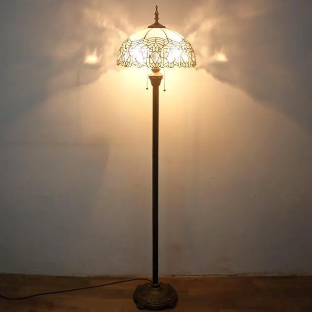 Alt view image 7 of 7 - WERFACTORY Tiffany Floor Lamp Crystal Bead White Stained Glass Standing Reading Light 16X16X64 Inches Antique Pole Corner Lamp Decor Bedroom Living Room Home Office S508W Series