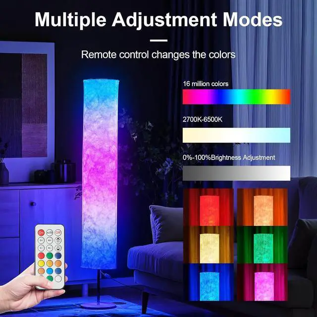 Alt view image 2 of 7 - Soft Light Floor Lamp,58" Simple Design Morden Slim RGB 16 Color Changing LED Tyvek Fabric Shade Dimmable Remote Control Standing Lamp for Living Room Bedroom Game Room (60inch-RGB Remote)