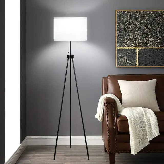 Alt view image 2 of 7 - Tangkula 60.5" Metal Tripod Floor Lamp, Contemporary Minimalist Standing Floor Light with Iron Legs, Fabric Drum Shade, E26 Lamp Base, Mid Century Modern Reading Light for Living Room, Bedroom