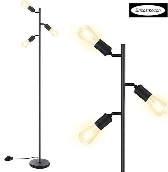 Alt view image 2 of 7 - Industrial Standing Lamp with 3 Adjustable Rotating Lights - Tree Floor Lamp for Living Room, Bedroom, Home, Office (E26 Edison Bulb, Black)
