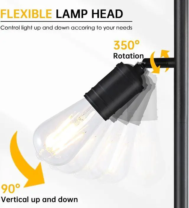 Alt view image 4 of 7 - Industrial Standing Lamp with 3 Adjustable Rotating Lights - Tree Floor Lamp for Living Room, Bedroom, Home, Office (E26 Edison Bulb, Black)