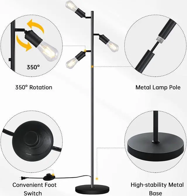 Alt view image 5 of 7 - Industrial Standing Lamp with 3 Adjustable Rotating Lights - Tree Floor Lamp for Living Room, Bedroom, Home, Office (E26 Edison Bulb, Black)