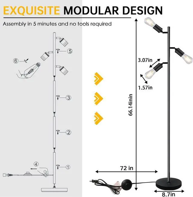 Alt view image 6 of 7 - Industrial Standing Lamp with 3 Adjustable Rotating Lights - Tree Floor Lamp for Living Room, Bedroom, Home, Office (E26 Edison Bulb, Black)
