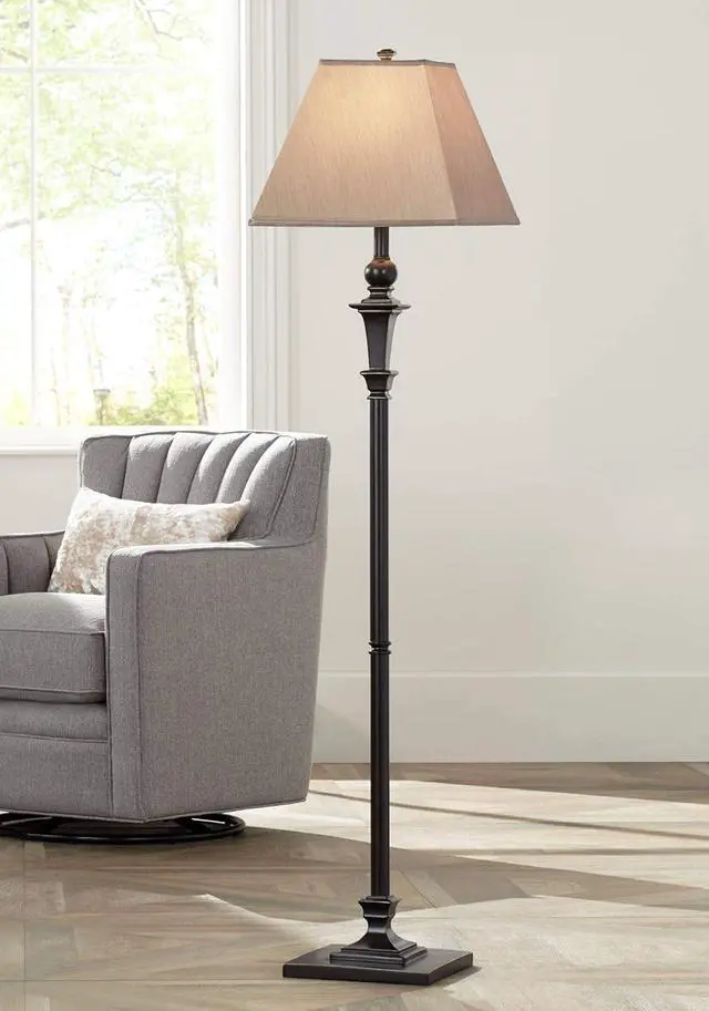 Main image of Regency Hill Madison Country Cottage Standing Floor Lamp 59" Tall Italian Bronze Brown Metal Taupe Faux Silk Square Hardback Shade Decor for Living Room Reading House Bedroom Office