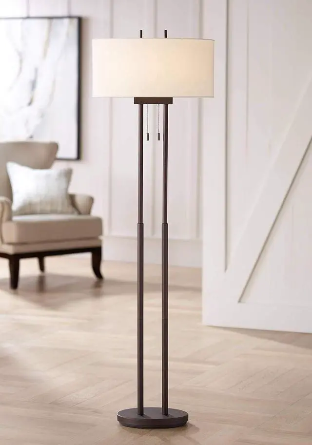 Main image of Franklin Iron Works Roscoe Modern Standing Floor Lamp 62" Tall Oil Rubbed Bronze Brown Twin Poles White Fabric Hardback Oval Shade Decor for Living Room Reading House Bedroom Office