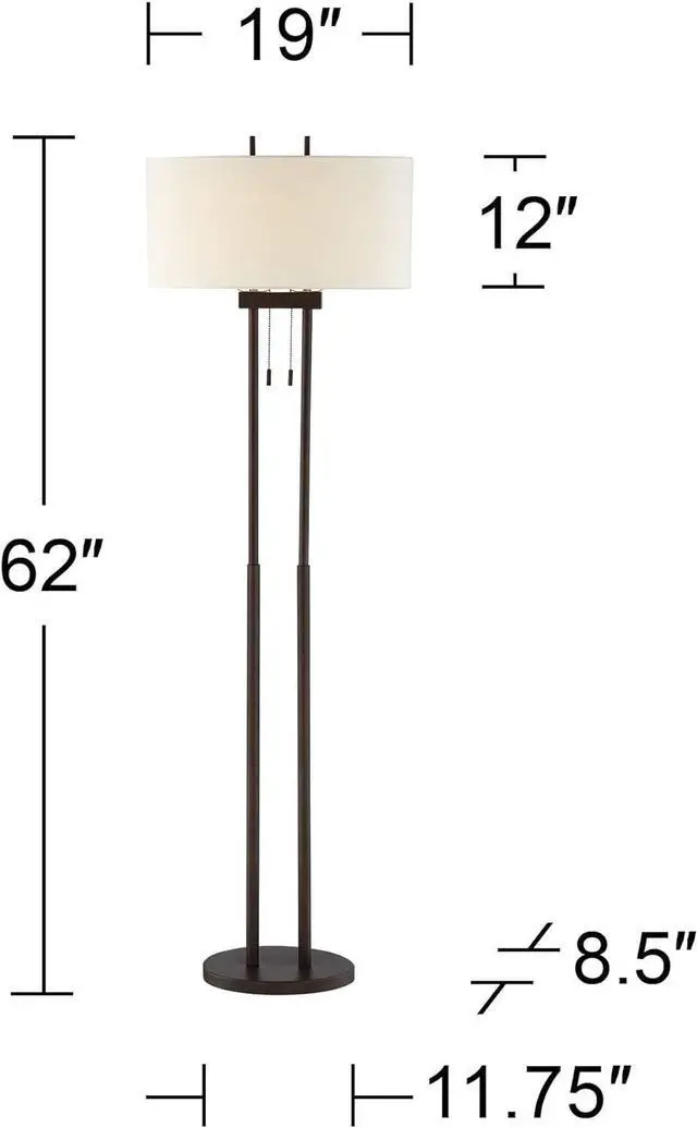 Alt view image 4 of 7 - Franklin Iron Works Roscoe Modern Standing Floor Lamp 62" Tall Oil Rubbed Bronze Brown Twin Poles White Fabric Hardback Oval Shade Decor for Living Room Reading House Bedroom Office