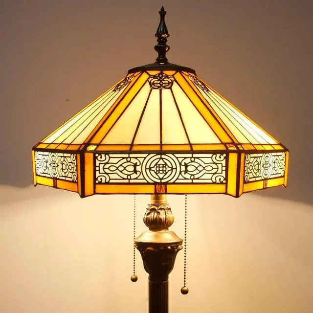 Alt view image 3 of 7 - WERFACTORY Tiffany Floor Lamp Yellow Hexagon Stained Glass Mission Standing Reading Light 16X16X64 Inches Antique Pole Corner Lamp Decor Bedroom Living Room Home Office S011 Series