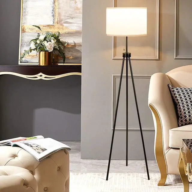 Alt view image 3 of 7 - Tangkula 60.5" Metal Tripod Floor Lamp, Contemporary Minimalist Standing Floor Light with Iron Legs, Fabric Drum Shade, E26 Lamp Base, Mid Century Modern Reading Light for Living Room, Bedroom