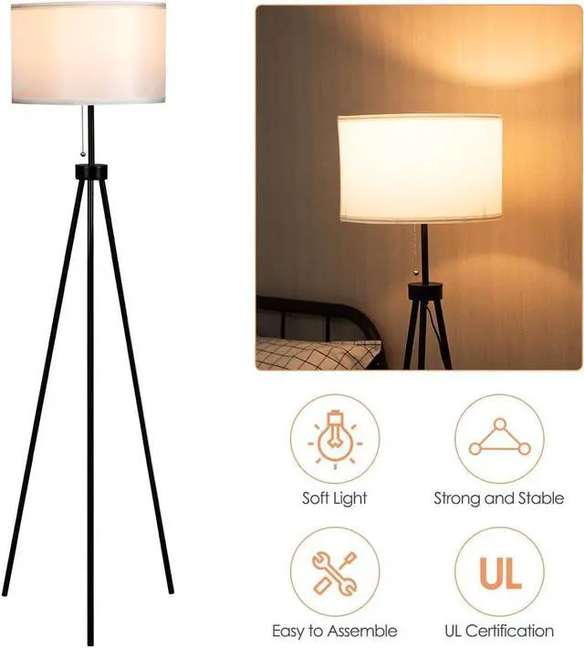 Alt view image 7 of 7 - Tangkula 60.5" Metal Tripod Floor Lamp, Contemporary Minimalist Standing Floor Light with Iron Legs, Fabric Drum Shade, E26 Lamp Base, Mid Century Modern Reading Light for Living Room, Bedroom