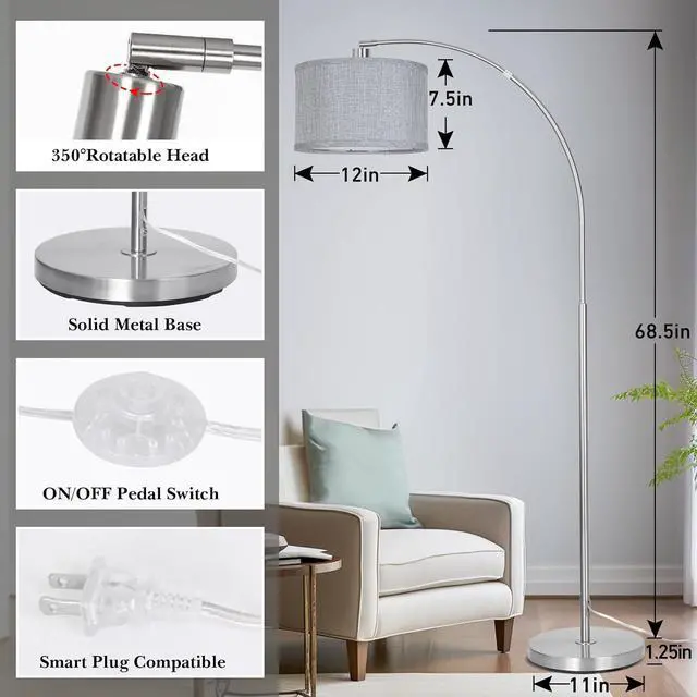 Alt view image 3 of 6 - Silver Arc Floor Lamp for Living Room, Modern Standing Lamp with Adjustable Head Tall Pole Lamp with On/Off Pedal Switch Over Couch Arched Tall standing light for Reading Bedroom 8W LED Bulb Included