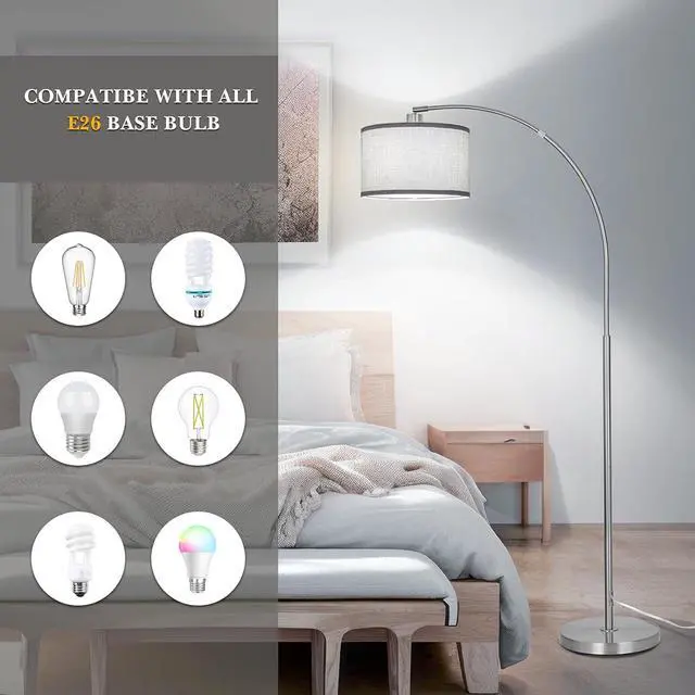 Alt view image 4 of 6 - Silver Arc Floor Lamp for Living Room, Modern Standing Lamp with Adjustable Head Tall Pole Lamp with On/Off Pedal Switch Over Couch Arched Tall standing light for Reading Bedroom 8W LED Bulb Included