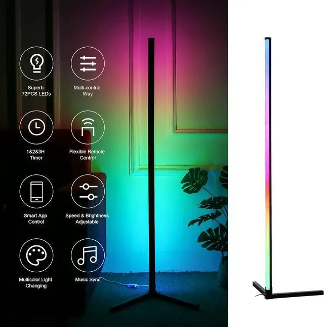 Alt view image 2 of 6 - Neoglint Corner Floor Lamp, Smart APP Control LED Corner Lamp with Music Sync, Modern Standing Lamp RGB Color Changing Ambient Lighting for Living Room Bedroom Gaming Room