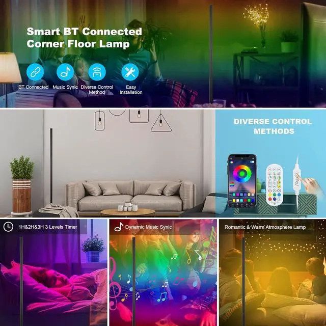 Alt view image 4 of 6 - Neoglint Corner Floor Lamp, Smart APP Control LED Corner Lamp with Music Sync, Modern Standing Lamp RGB Color Changing Ambient Lighting for Living Room Bedroom Gaming Room