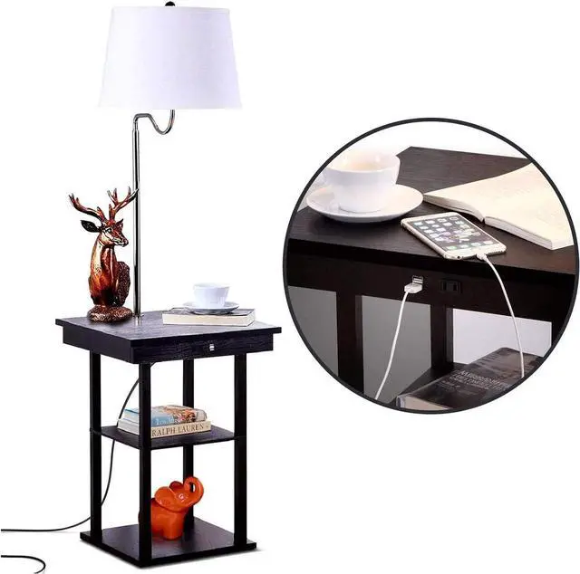 Alt view image 3 of 7 - Brightech Madison Side Table with Lamp Combo with LED Bulb, Desk Lamp with USB Port, Bedside Reading Lamp, Modern End Table with Floor Lamp for Bedroom, Living Room, Office - Black with White Shade