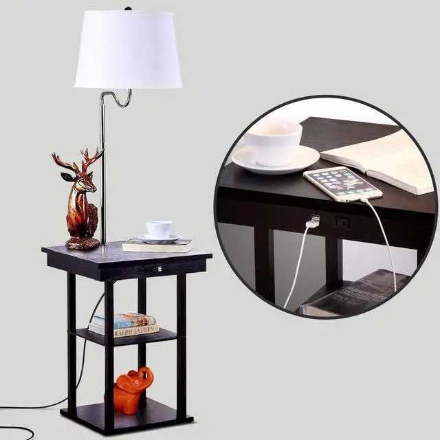 Alt view image 5 of 7 - Brightech Madison Side Table with Lamp Combo with LED Bulb, Desk Lamp with USB Port, Bedside Reading Lamp, Modern End Table with Floor Lamp for Bedroom, Living Room, Office - Black with White Shade