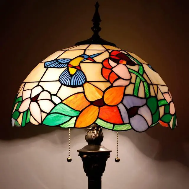 Alt view image 2 of 7 - WERFACTORY Tiffany Floor Lamp Hummingbird Amber Stained Glass Standing Reading Light 16X16X64 Inches Antique Pole Corner Lamp Decor Bedroom Living Room Home Office S101 Series