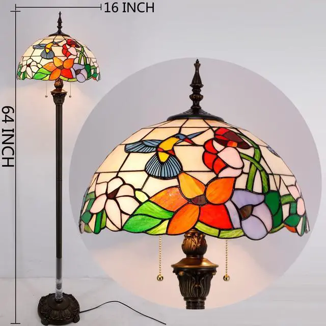 Alt view image 3 of 7 - WERFACTORY Tiffany Floor Lamp Hummingbird Amber Stained Glass Standing Reading Light 16X16X64 Inches Antique Pole Corner Lamp Decor Bedroom Living Room Home Office S101 Series