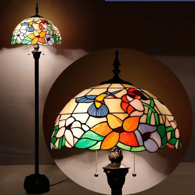 Alt view image 4 of 7 - WERFACTORY Tiffany Floor Lamp Hummingbird Amber Stained Glass Standing Reading Light 16X16X64 Inches Antique Pole Corner Lamp Decor Bedroom Living Room Home Office S101 Series