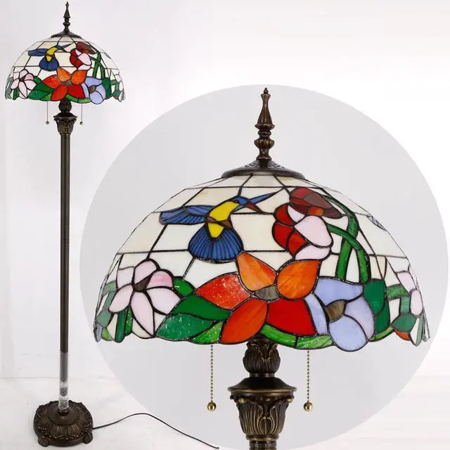 Alt view image 5 of 7 - WERFACTORY Tiffany Floor Lamp Hummingbird Amber Stained Glass Standing Reading Light 16X16X64 Inches Antique Pole Corner Lamp Decor Bedroom Living Room Home Office S101 Series